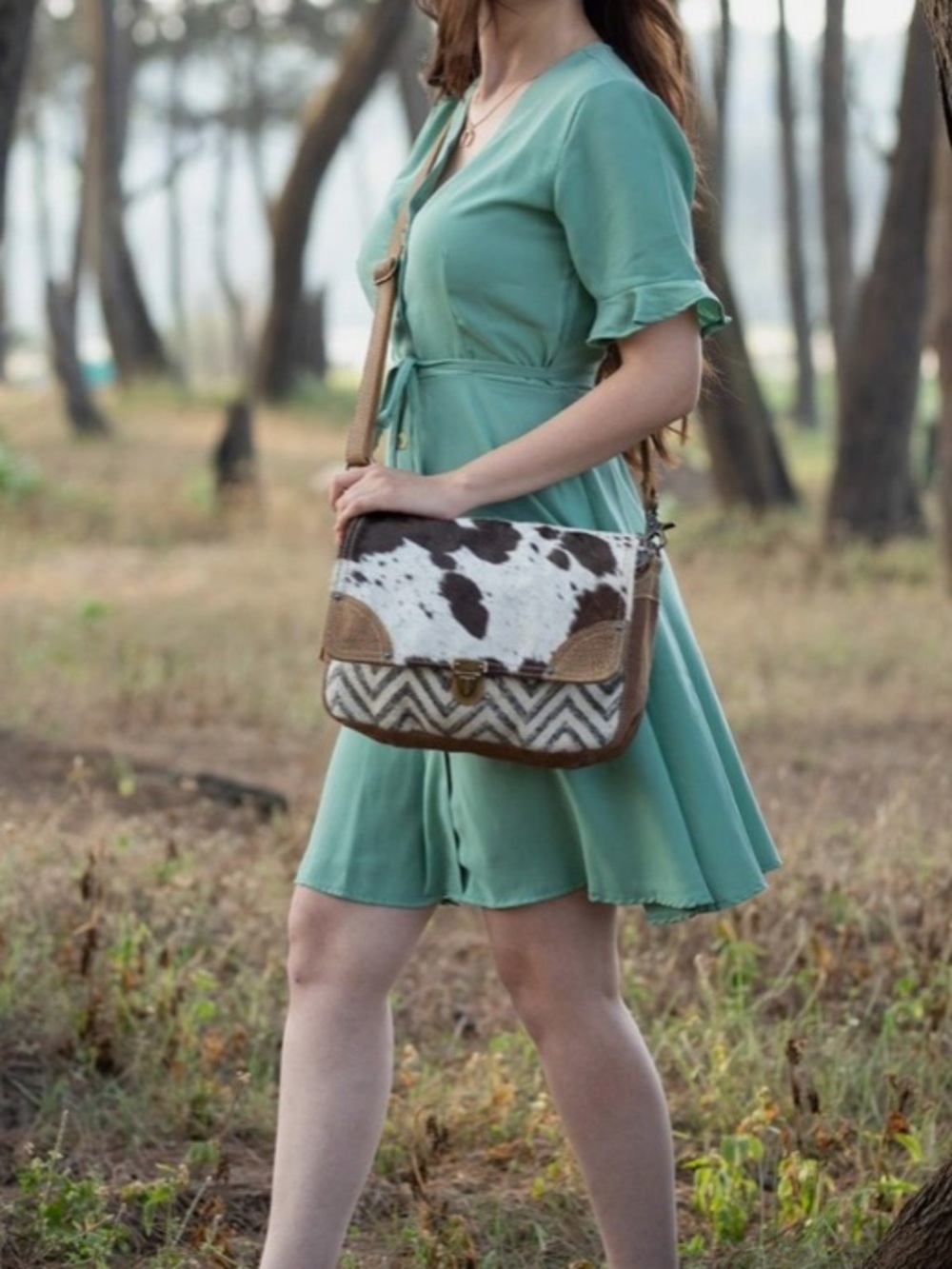 Myra Bag Brown & White Cowhide Crossbody Bag with Chevron Accent